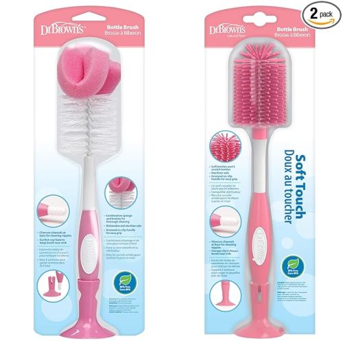 Dr. Brown's Reusable Sponge Baby Bottle Cleaning Brush + Soft Touch Bottle Brush, BPA-Free, Pink, 2-Pack
