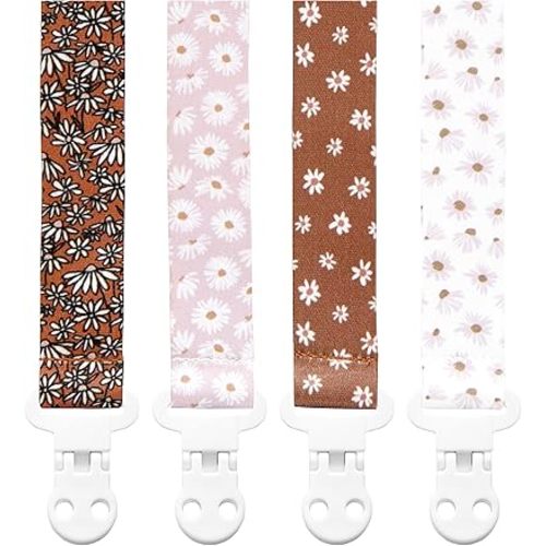 Baby Pacifier Clip Holder - Girl 4 Pack Gift Set – Boho Modern Neutral Flowers Floral (Daisy)