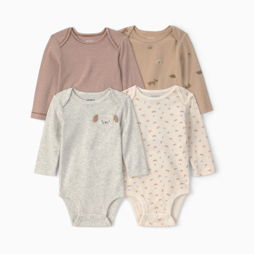 Carter's Long-Sleeve Bodysuits (4 Pack) - Brown/Gray/Ivory Dogs, Nb