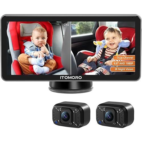 Itomoro Baby Car Camera Dual-Channel 6.8 inch Baby Car Monitor Display with 2 IR Night Vision Camera, Easily Install HD 1080P Car Camera for Baby with Crystal Clear Wide View for Rear Facing Seat