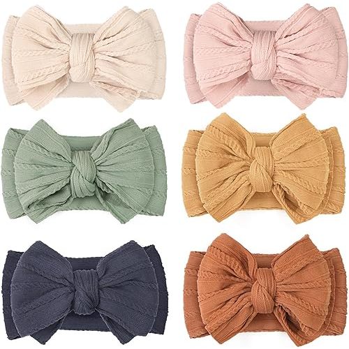 CÉLLOT 2024 Super Stretchy Soft Handmade Headbands with Double Bows Head Wrap Nylon Hair Accessories for Newborn Baby Girls Infant Toddlers Kids,Pack of 6（Spring）