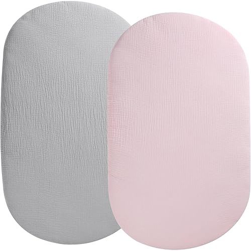 Muslin Bassinet Sheet Compatible with UPPAbaby Bassinet, 2 Pack Cotton Stylish Boho Fitted Bassinet Sheets for Baby Grey & Pink