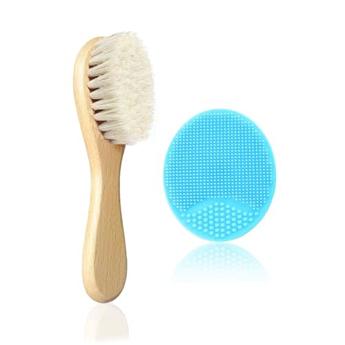 Baby Hair Brush, Mocokkiti Goat Bristles Brush and Baby Cradle Cap Brush Set for Cradle Cap Wood Bristle Brush for Newborns and Toddlers, Blue Silicone Brush (2PCS)