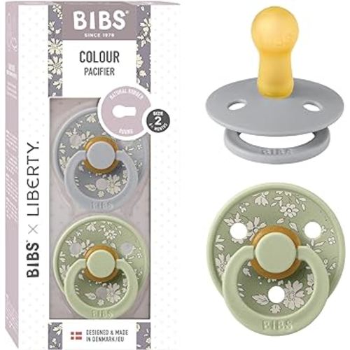 BIBS Liberty Pacifier | 2 Colour Natural Rubber Latex Soothers | BPA Free Dummy Pacifier | Round Nipple | Designed & Made in Denmark | Sage Mix