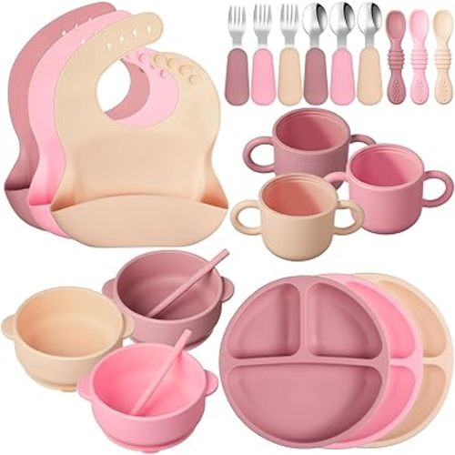 24 Pack Silicone Baby Feeding Set Baby Led Weaning Supplies Includes Suction Divided Plates Soft Bowl Spoons Forks Adjustable Bib Snack Cup and Straws for Baby Eating (Pink, Dark Pink, Nude)