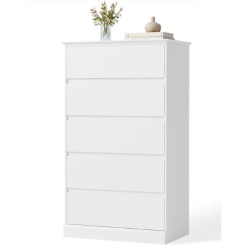 White Dresser for Bedroom with 5 Drawers, Tall Wood Drawer Dresser & Chest of Drawers for Closet, Living Room Hallway Kids Bedroom