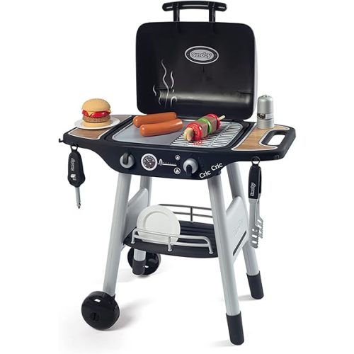 Smoby: BBQ Plancha Grill - Black, 18-Piece Accessory Playset - Realistic Cooking, Turn The Button & See Flames Appear, 19.69x14.57x28.43, Kids Age 3+