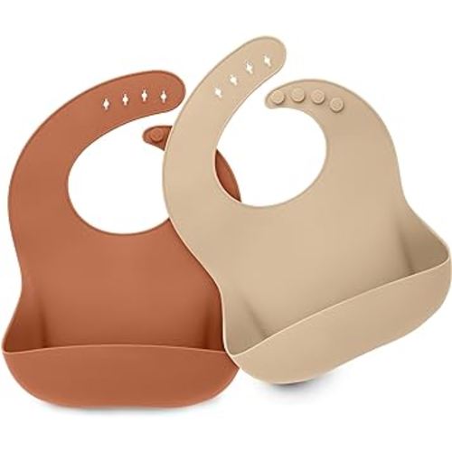 KeaBabies 2-Pack Silicone Bibs For Babies, Silicone Baby Bibs for Eating, Food-Grade Pure Silicone Bib, Toddler Bibs, Waterproof Bibs, Feeding Bibs, Silicon Bibs for Toddlers, Boys, Girls(Terracotta)