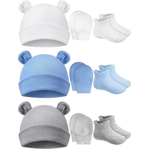 Geyoga Newborn Baby Hat Bear Ears Mittens and Socks Set for 0-6 Month