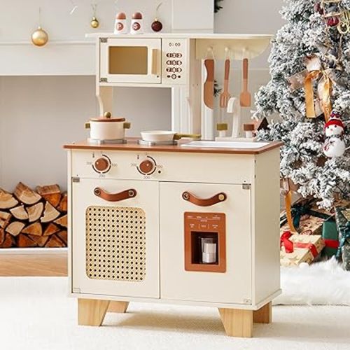 ROBOTIME Play Kitchen with Pretend Ice Cube Dispenser for Kids, Wooden Kids Kitchen Playset, Toy Kitchen Set for Toddler Age 3 4 5 6 (Mocha)