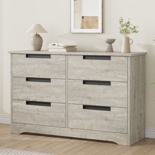 6 Drawer Dresser For Bedroom, Gray Modern Double Dresser Organizer With Embedded Handles Design, Wooden Chest For Living Room Nursery Hallway