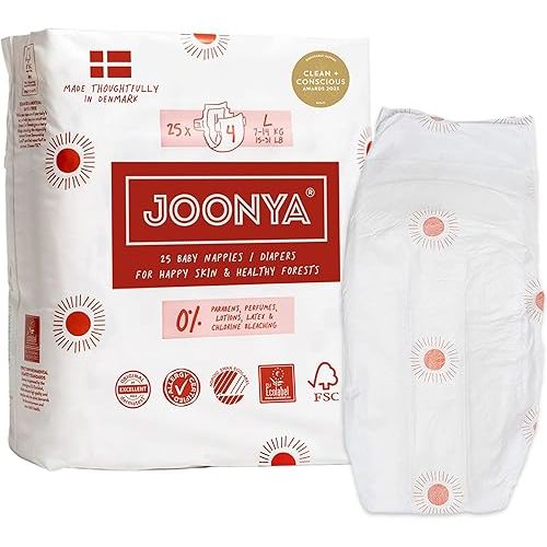Joonya Baby Diapers, Size 4 L (15-31 lb) - 1 Bag of 25 - New Range - NonToxic, Eco-Friendly, Ultra Slim, Overnight Use - Made in Denmark