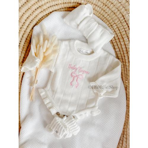 Newborn girl coming home outfit, knit baby embroidered name set, ruffle romper bow headband booties, personalized custom baby shower gift