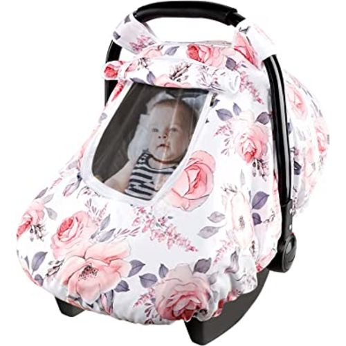 Car Seat Covers for Babies, Winter Carseat Cover Girls, Minky Infant Car Seat Canopy, Cozy & Warm Cover, Pink Floral