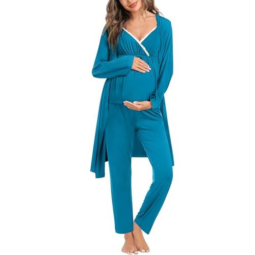 SWOMOG Maternity Nursing Robe Set 3 Piece Breastfeeding Pajamas 3 in 1 Labor Delivery Sleevless Tops&Long Pants Pregnancy Pjs