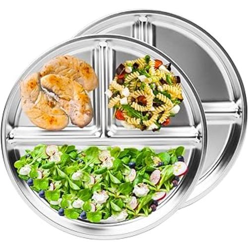 Stainless Steel Kids Plates 2 Packs, 9" Portion Control Plate Divided Plates for Adults Bariatric Weight Loss & Diabetic Diet, [Non Toxic Unbreakable] Toddlers Lunch Dishes, Camping Food Tray
