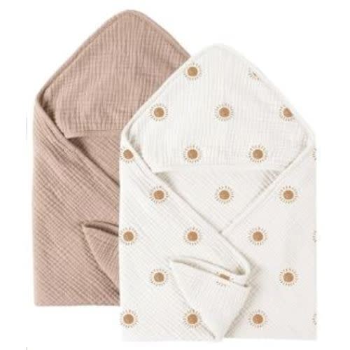 Konssy 2-Pack Muslin Hooded Baby Towels, 100% Cotton, Ultra-Soft & Absorbent Baby Bath Towels with Hood for Newborn & Infant (Camel, Sun, 30" x 30")