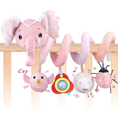 Baby Car Seat Toys Stroller Toys Crib Toys Infant Activity Spiral Plush Toys Hanging Stroller Toys for Baby Car Seat Stroller Bar Crib Bassinet Mobile with Music Squeaker Rattles (Elephant)