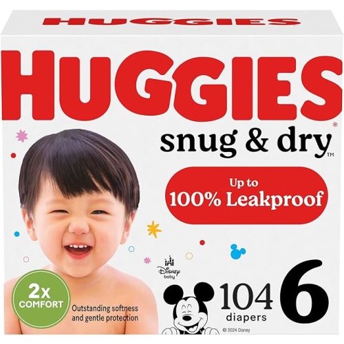 Huggies Size 6 Diapers, Snug & Dry Baby Diapers, Size 6 (35+ lbs), 104 Count, Packaging May Vary