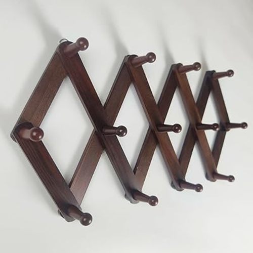 AMAPON Expandable Coat Rack Accordion Wood Wall Hanger 13 Peg Hook Hang Hat Cap Coffee Mug Towels Leash Scarf Umbrella Bag (Dark Walnut