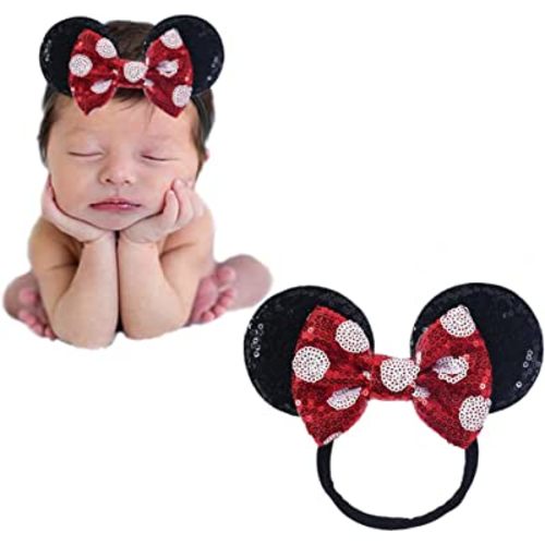 JIAHANG Mouse Ears Sequin Bow Nylon Hairband with Polka Dot, Hair Bow Headband, Soft Elastic Headwear for Baby Girl Newborn Toddler, kids, Party Supplies