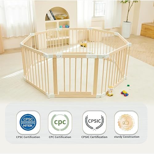 Baby Playpen, Playpen for Babies and Toddlers, Foldable Wooden Play Yard with Gate, Adjustable Baby Activity Center with Child Proof Lock, Fence Play Area for Toddlers 1-3（56 * 56 * 24inches）