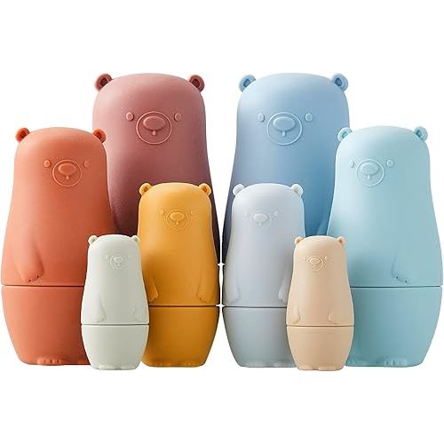 Chivao 8 Pieces Russian Nesting Dolls Silicone Matryoshka Doll Educational Stacking Nesting Dolls for Toddlers Vivid Food Grade Baby Teether for Kids(Bear)