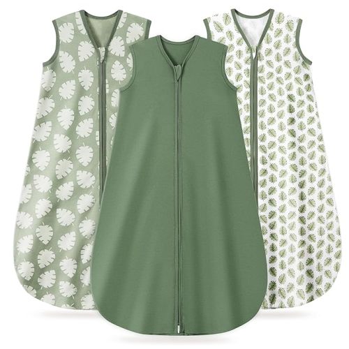 3 Pack Baby Sleep Sack 0-6 Months 100% Organic Cotton, 0.5 TOG Lightweight Wearable Blanket, 2-Way Zipper Sleeping Bag, Leaf＆Green