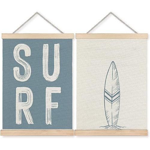 BearCake Surf Room Decor, Coastal Beach Surf Wall Art Poster Hanger Frame, Beach House Decor, Vintage Blue Surfboard Canvas Prints Framed Wall Decor for Home Bedroom Living Room, 12x16 Inch Set of 2