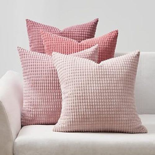 Topfinel Aesthetic Pink Room Decor Throw Pillows Covers for Couch Living Room Bedroom, Coquette Room Decorative Fluffy Corduroy Cushion Cover 18x18 Inch Set of 4 (Blush/Rose/Hot Pink)