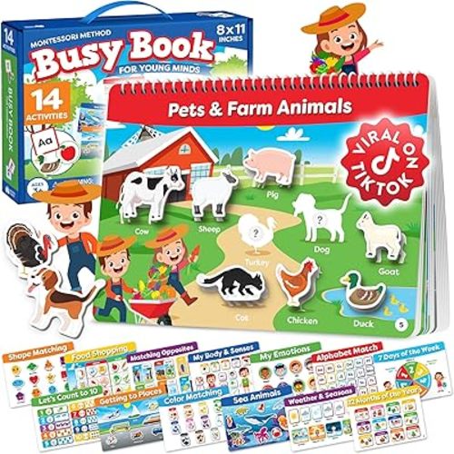Montessori Preschool Busy Book For Toddlers Ages 3 And Up - Preassembled - Preschool Learning Activities Montessori Educational Toys - Gifts For 3 Year Old Boys, Toddler Learning Toys Activities