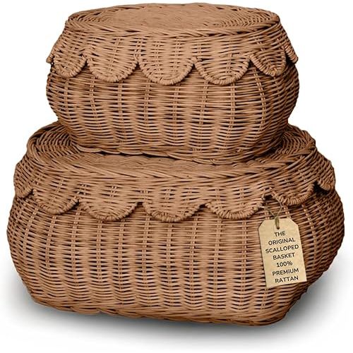 The Original Scalloped Basket Set Of 2 - Small Scallop Basket - 15 x 10 x 6 In - Hand-Woven & Award-Winning - Elegant Wicker With Scalloped Edge Lid - Nursery Storage - (Mocca)