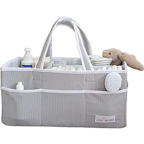 Lily Miles Baby Diaper Caddy Organizer - Baby Shower Basket for Newborn Boys or Girls - Nursery Must Haves for New Mom - Baby Registry Favorites - Large Storage Tote for Changing Table or Car, Gray
