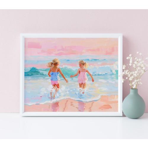 Girls Play In Waves | Blonde Sisters Beach Day | Pastel Coastal Painting | Summer Girl Room | Nursery Decor | Colorful Ocean Children Print