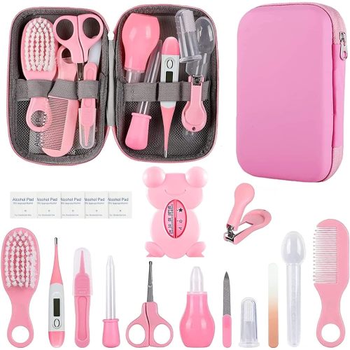 Baby Grooming Kit, Infant Safety Care Set with Hair Brush Comb Nail Clipper Nasal Aspirator for Newborn Girls Boys (Pink)