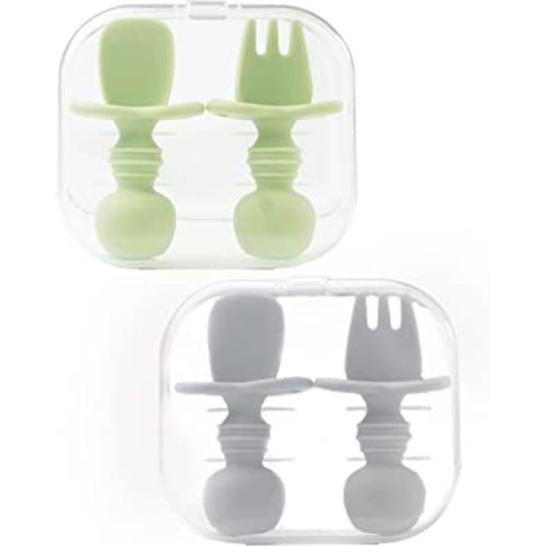 DF DUALFERV 4 Pcs Baby Spoons Self Feeding 6 Months, Silicone Baby Spoons First Stage and Baby Fork, Toddler Utensils for Baby Led Weaning with 2 Cases (Green, Grey)