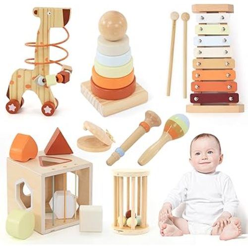 8-in-1 Wooden Montessori Toys for Toddlers Wooden Toy Set for Babies - Object Permanence Box, Sand Hammer, Glockenspiel, Christmas/Birthday Gift for 1 2 3 4 5 Boys Girls