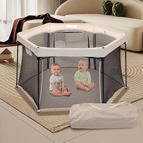 Baby Playpen 53x53 Inch, Indoor/Outdoor Portable Play Yard No Extra pad Required with Breathable Mesh Walls, Enclosed Safe Space for Babies, Quick Foldable Playpen for Home Travel Park (Khaki)