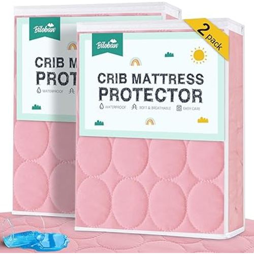 Biloban Crib Mattress Protector 2 Pack, Waterproof, Quilted, Absorbent, Noiseless, 52" x 28" Pink