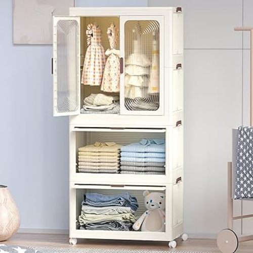 Montary Portable Kids Closet Storage Organizer for Clothes, Children's Wardrobe Closet with Magnetic Doors, Plastic Baby Wardrobe Storage Cabinet with 4 Cubes, Hanging Rod & 10 Hangers