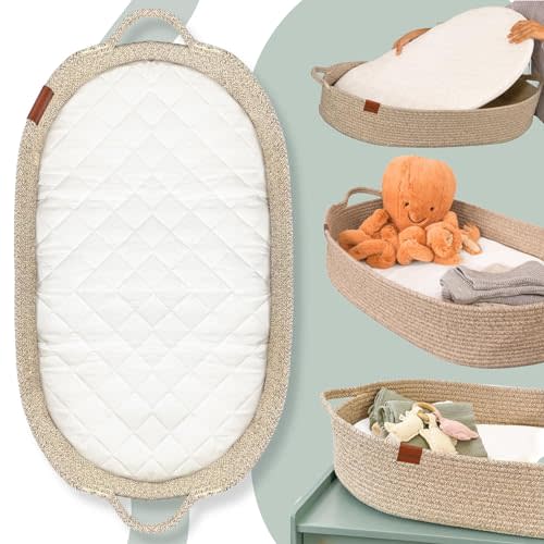 Baby Changing Table Topper for Dresser - Moses Basket for Babies with Diaper Changing Basket - Sturdy Thick Rope Baby Changing Basket - Baby Diaper Changing Pad for Dresser - Boho Nursery - Toodly