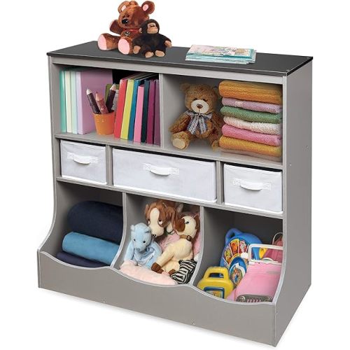 Badger Basket Combo Toy Storage Organizer and Bookshelf - Kids Storage Unit with 3 Removable Baskets, Open Shelves, Top Display Surface - Woodgrain and Gray