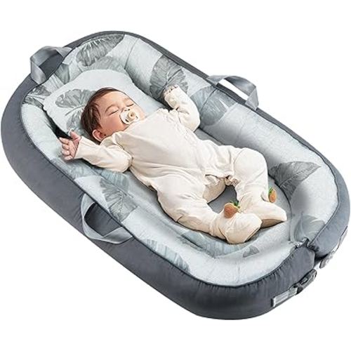 Portable Baby Lounger with 4 Toys,Infant Lounger with Fitness Rack 0-24 Months,Co Sleeping Breathable & Soft 100% Cotton Newborn Lounger Machine-Washable (Baby Lounger)