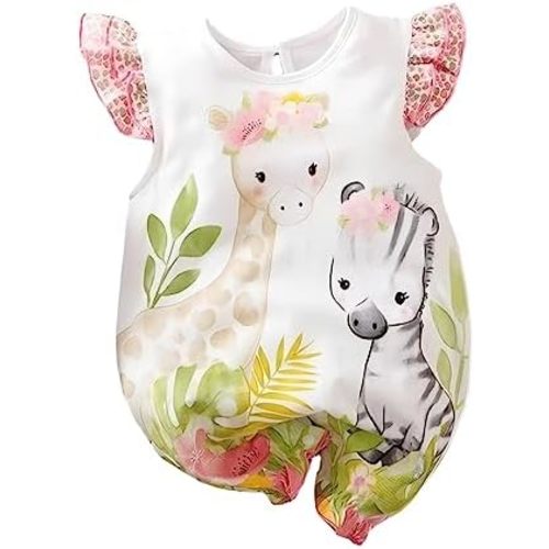 Cute Giraffe + Zebra With Floral Print Long Sleeve Baby Girl Clothes White Jumpsuit For Baby One-Piece Romper
