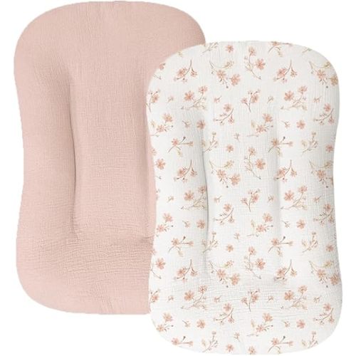 Muslin Baby Lounger Cover for Newborn & Infant, 100% Cotton Soft and Breathable Lounger Slipcover for Baby Girls and Boys, Pack of 2 (Rainbow Star)