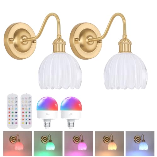 Shenmoyl Vintage Battery Operated Wall Sconce Set of 2, 5000mAh Rechargeable Wall Light, Indoor Battery Powered Wall Lamp for Bedside Bedroom Living Room, Tulip White