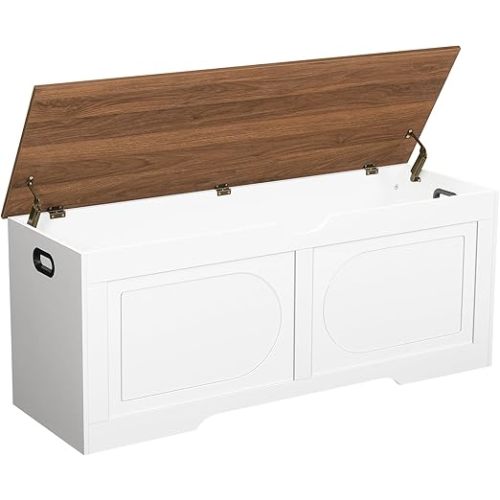 Storage Chest, 39.4” Toy Box, Entryway Storage Trunk, Shoe Bench with Storage, Engineered Wood Storage Cabinet with 2 Safety Hinges, Entrance Bench for Living Room, White + Walnut SCBZ2001