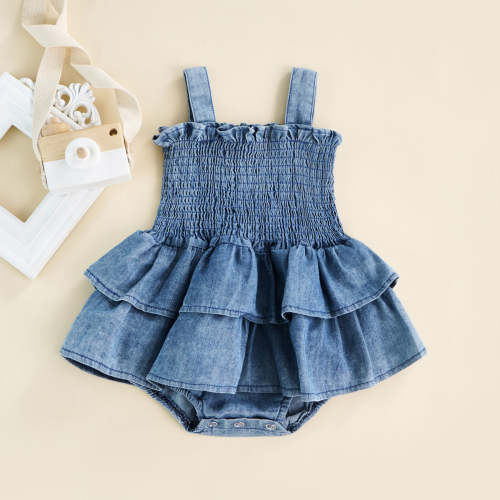 Denim Ruffle Hem Romper Dress