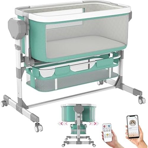 Electric Rocking Bassinet for Baby, Automatic Bluetooth Baby Bassinet with Wheels, 6 Height Adjustable Baby Bassinets Bedside Sleeper, 5-Speed Swing Smart Infant Newborn Rolling Crib