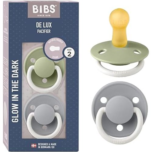 BIBS Pacifiers - De Lux Collection | BPA-Free Baby Pacifier | Made in Denmark | Set of 2 Sage Night/Cloud Night Color Premium Soothers | Size 6-18 Months